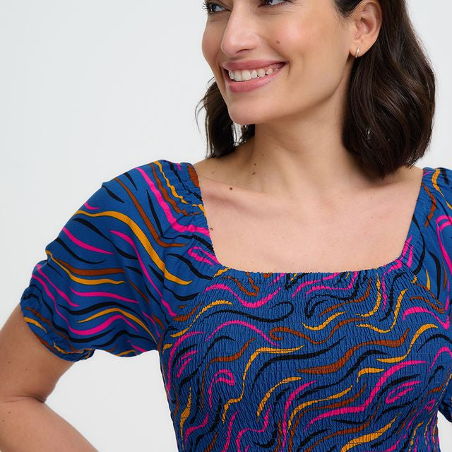 Sugarhill Brighton Jolene Bright Navy Jazz Waves Shirred Midi Dress