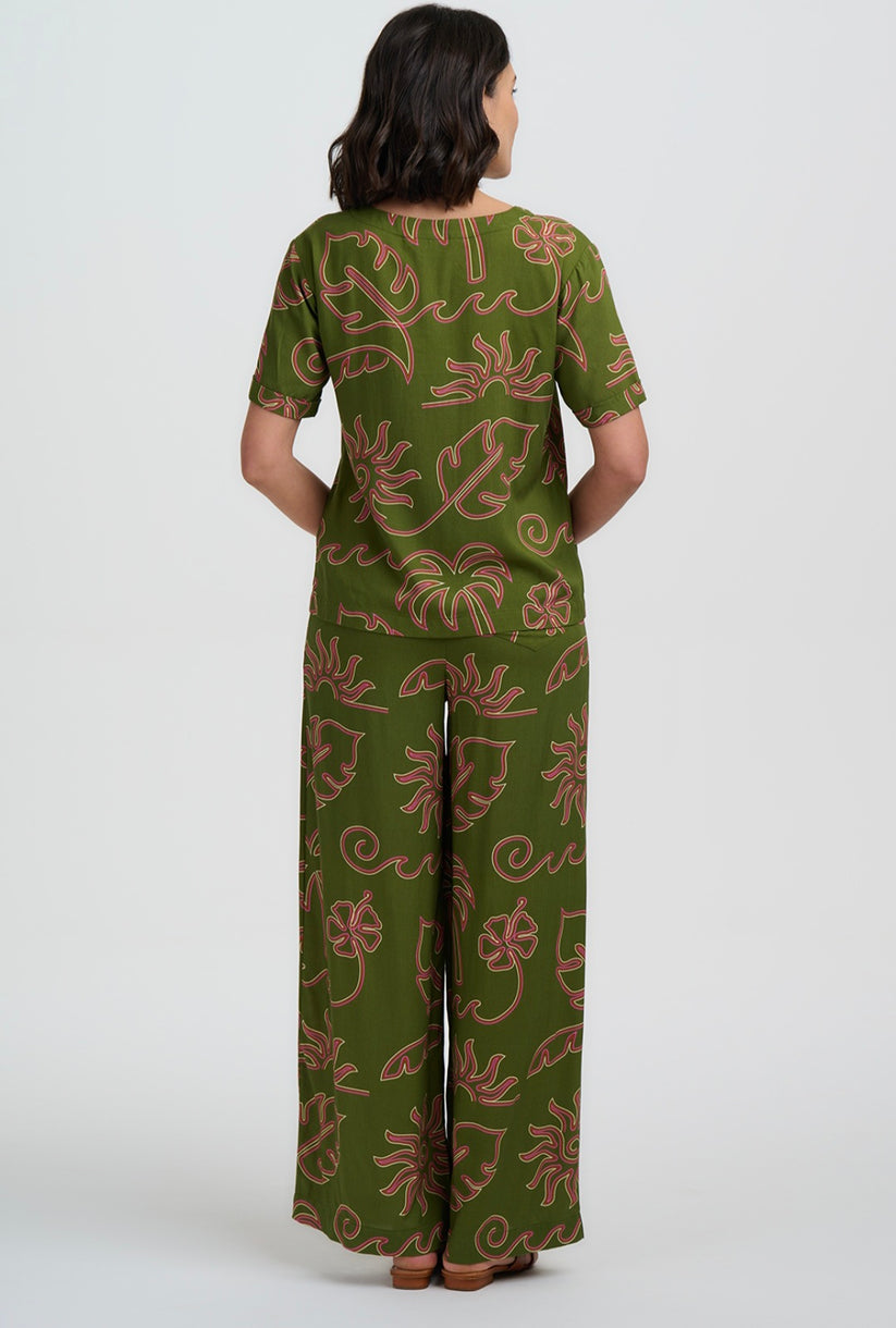 Sugarhill Brighton Trinny Khaki Tropical line Drawing Wide Leg trousers