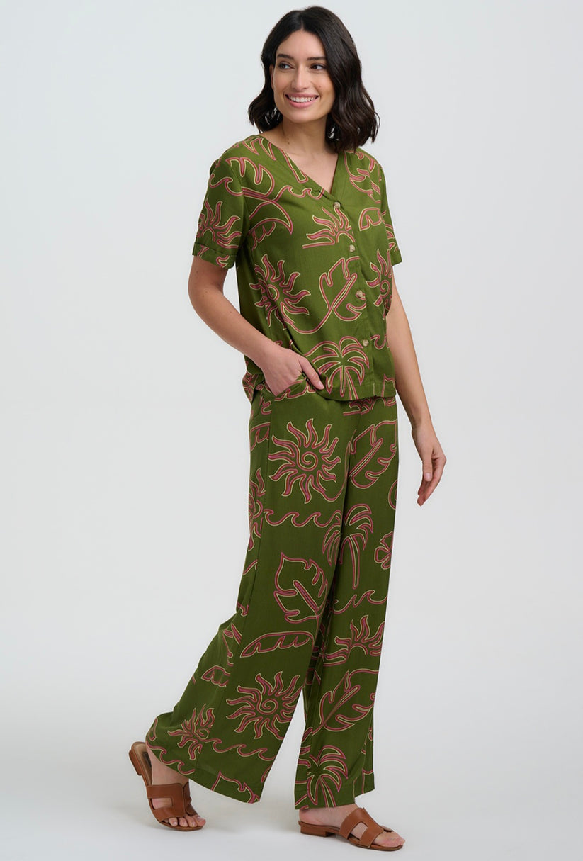 Sugarhill Brighton Trinny Khaki Tropical line Drawing Wide Leg trousers
